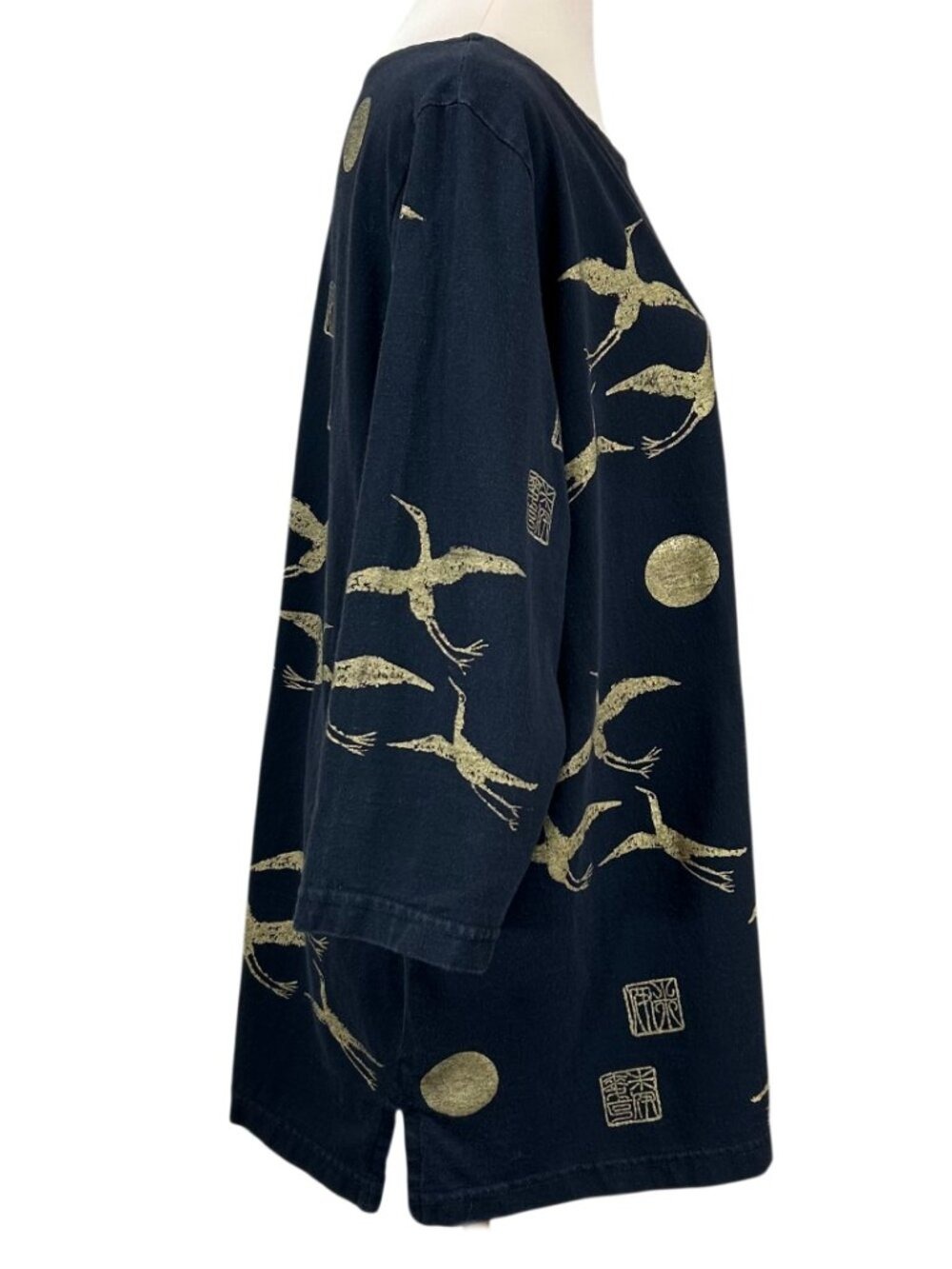 M. MAC Vintage Black Gold Japanese Crane Print Tunic Size 3X - Picture 2 of 6